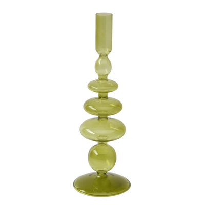 11 Vintage Glass Taper Candle Holder, Olive