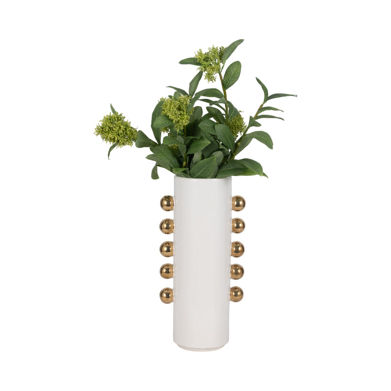 Cer, 16 Vase W/ Side Knobs, White/gold