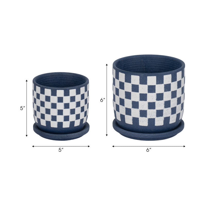 S/2 5/6 Checkerboard Saucer Planters, Blue/white