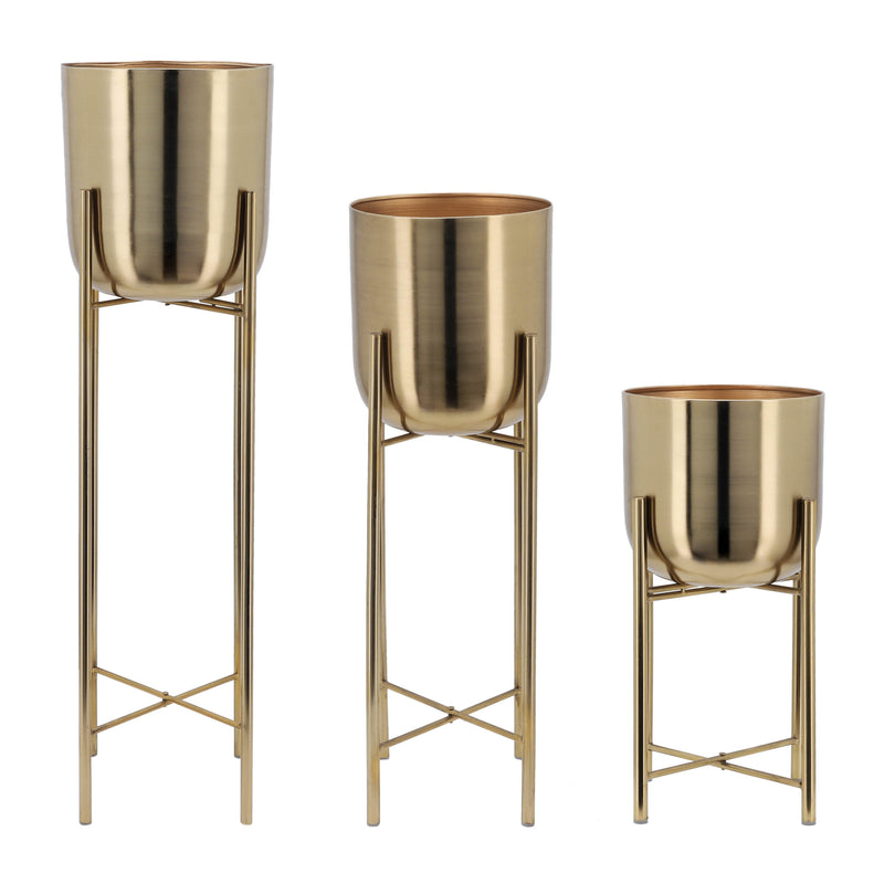 S/3 METAL PLANTERS ON STAND 40/30/20H, GOLD