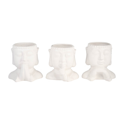 Cer, S/3 7h Buddha Head Planters, White