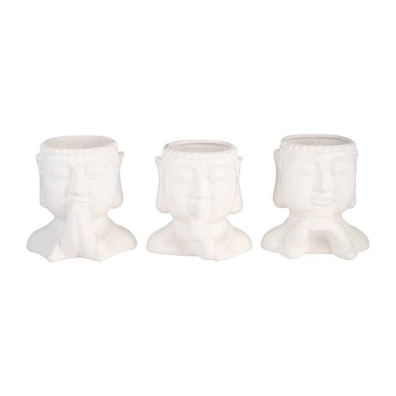 Cer, S/3 7h Buddha Head Planters, White