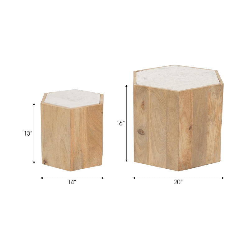 WOOD/MARBLE, S/2 14/20 HEXAGONLA SIDE TABLES, NAT