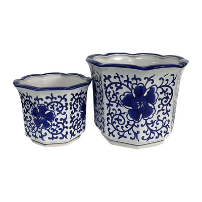 Cer, S/2 6/8 Chinoiserie Planters, Blue/white