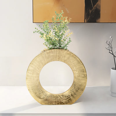 METAL,11H,ROUND OPEN CUT OUT VASE,GOLD