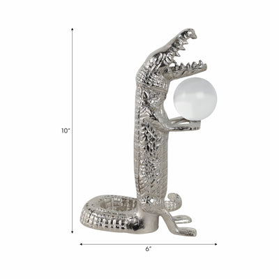 10x7 Crocodile Holding Acrylic Ball, Silver