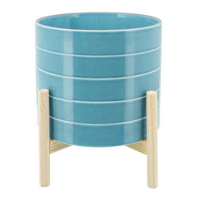 10 STRIPED PLANTER W/ WOOD STAND, SKYBLUE