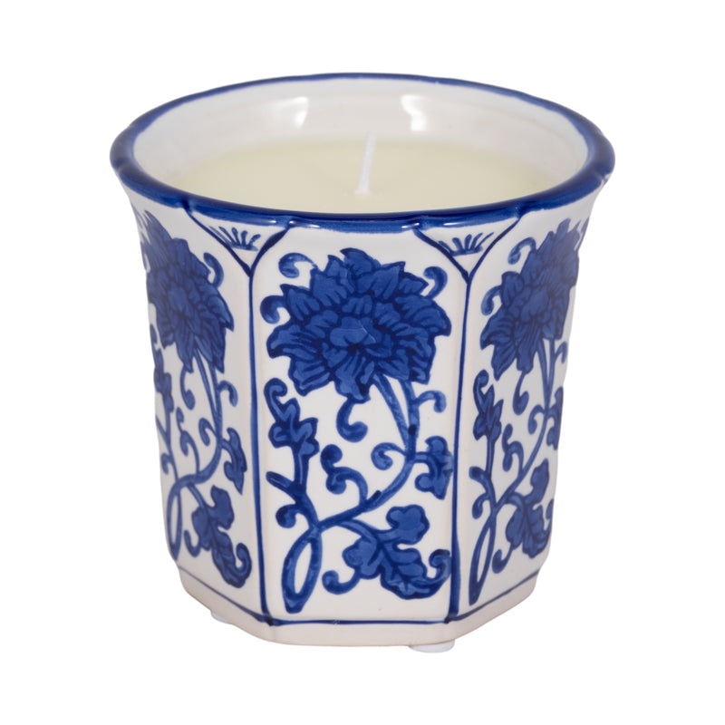 4, 6oz Fluted Chinoiserie Candle , Blue/white