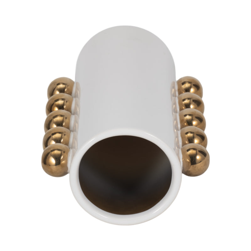 Cer, 10 Vase W/ Side Knobs, White/gold