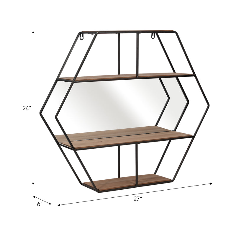 METAL 24 HEXAGON WALL SHELF W/ MIRROR, BROWN