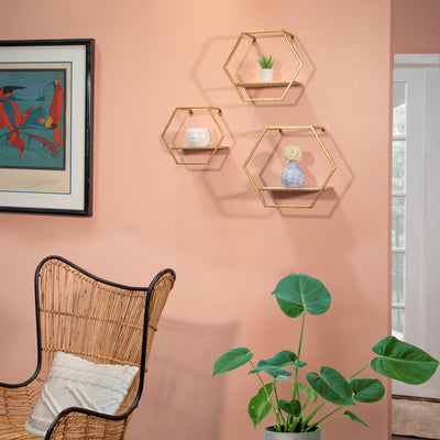 S/3 METAL/WOOD HEXAGON WALL SHELVES, GOLD