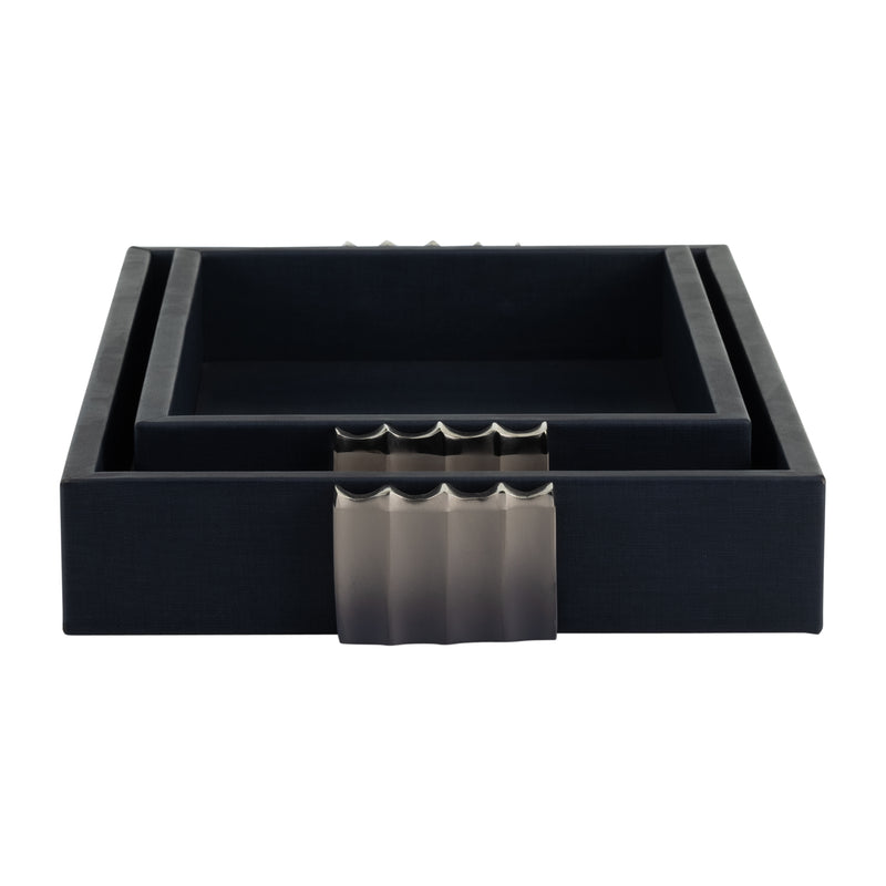 S/2 14/18L, WOOD-LEATHER TRAYS, BLUE/ OMBRE