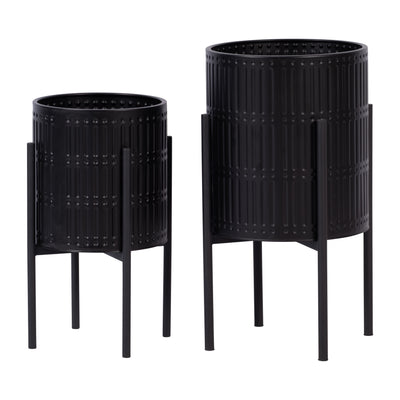 S/2 RIDGED PLANTERS IN METAL STAND, BLACK