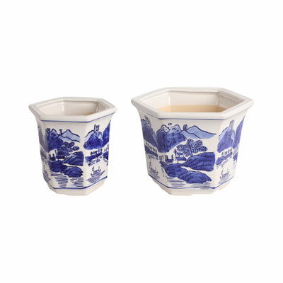 Cer, S/2 6/8 Chinoiserie Planters, Blue/white