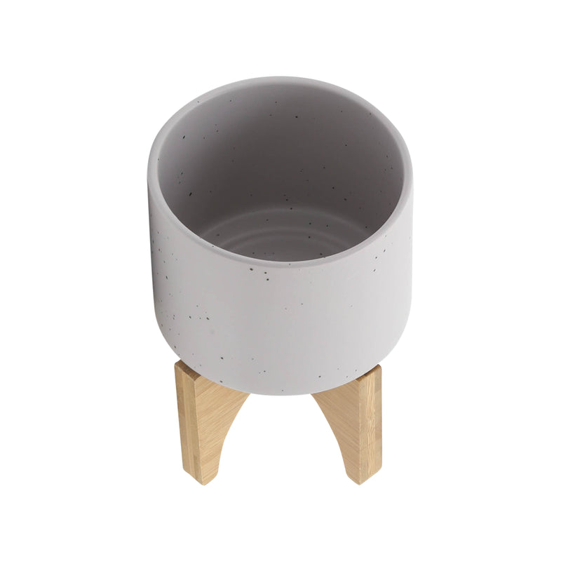 5 PLANTER W/ WOOD STAND, MATTE BEIGE