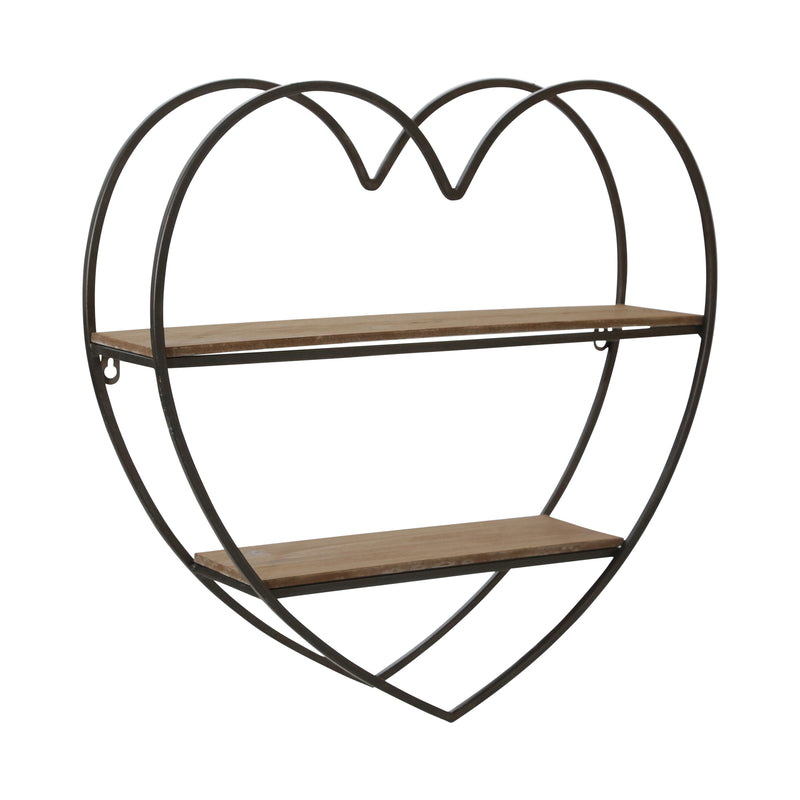 METAL/WOOD 2 TIER HEART WALL SHELF, NATURAL/BLACK