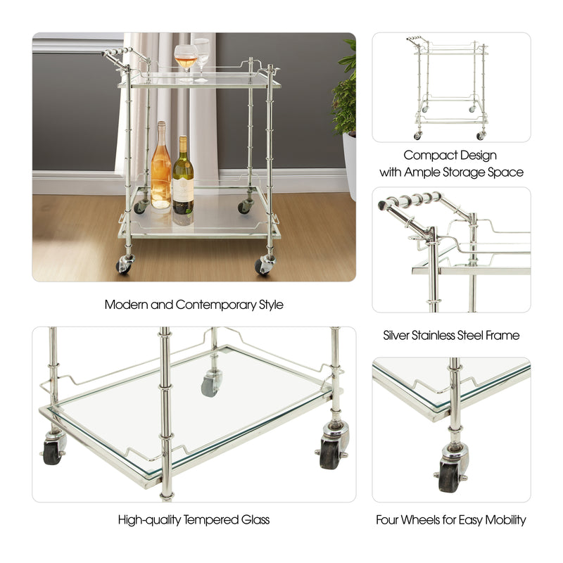 TWO TIER 30H ROLLING BAR CART, SILVER