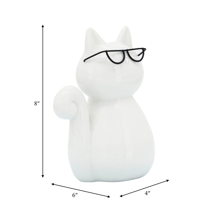 PORCELAIN, 8H CAT W/ GLASSES, WHITE