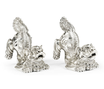 Curated Collection - White Stainless Steel Foo Dog Bookends