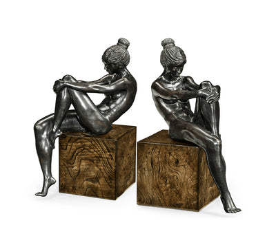 Curated Collection - Set of Antique Dark Bronze Nude Girl Bookends