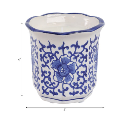 4, 6oz Fluted Chinoiserie Candle , Blue/white