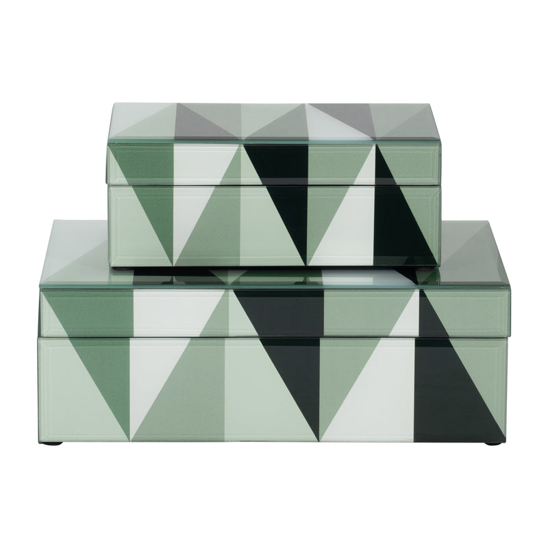 GLASS, S/2 8/11 TRIANGLES BOXES, GREEN/WHITE