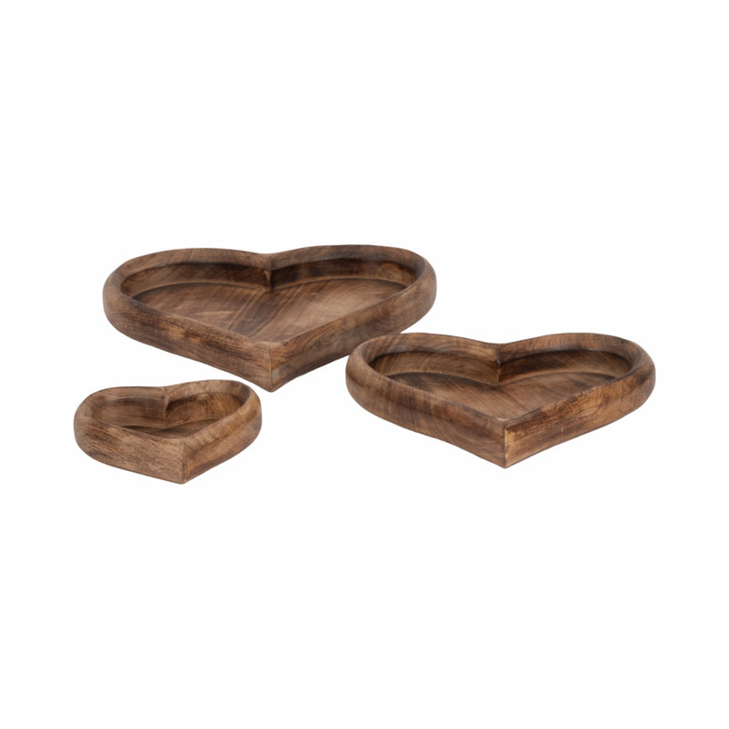 WOOD, S/3 7/11/14 HEART TRAYS, DARK BROWN