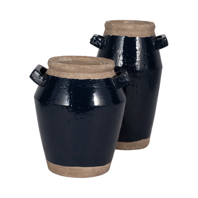 14 Squared Handle Terracotta Vase, Navy/tan