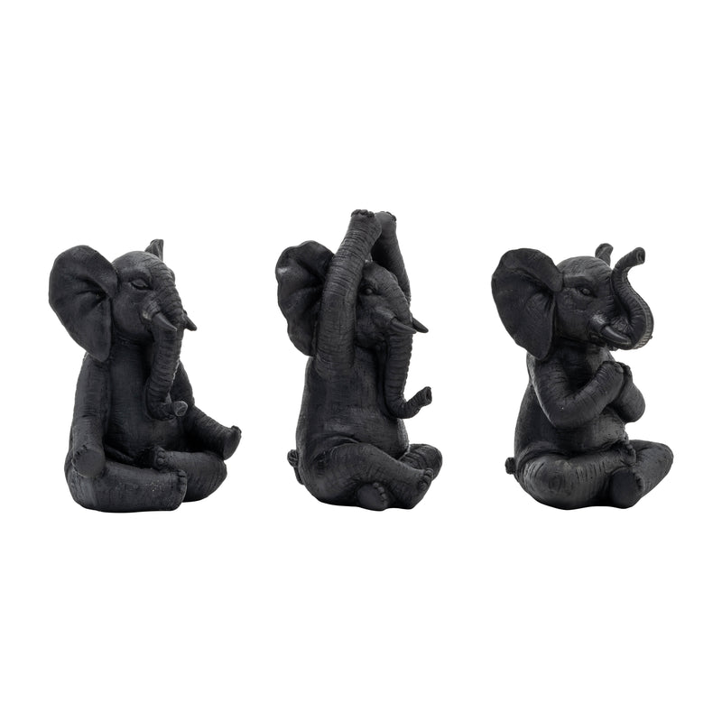 RESIN, S/3, 8H, YOGA ELEPHANTS, BLK