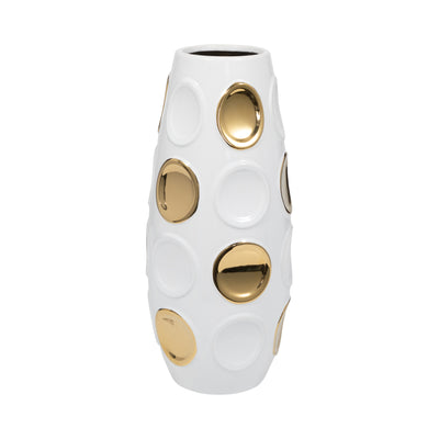 Stoneware, 17 Circle Embossed Vase, White/gold