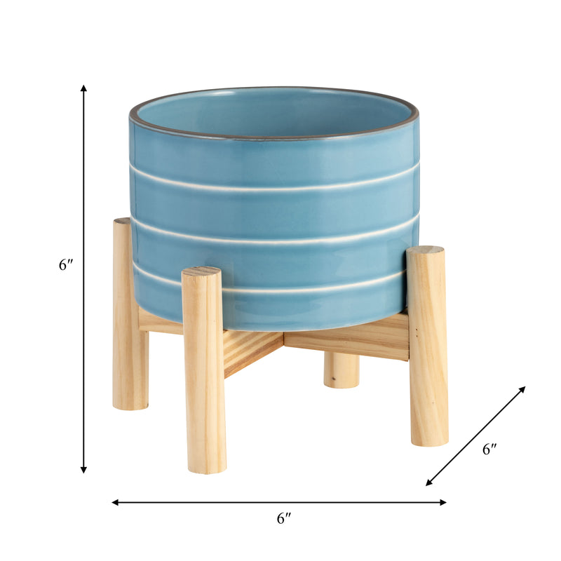 6 STRIPED PLANTER W/ WOOD STAND, SKYBLUE