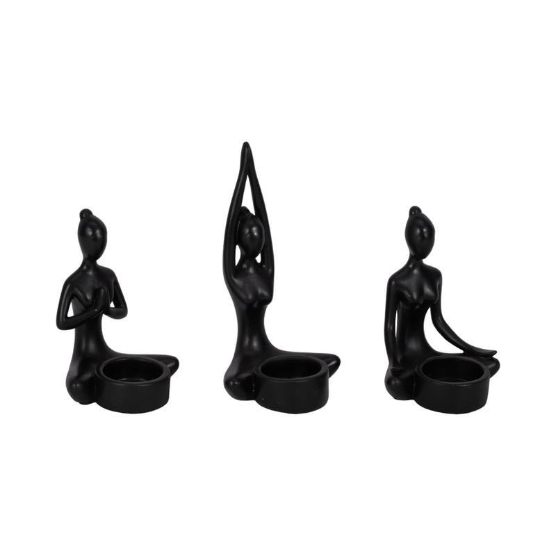 S/3, 7H RESIN YOGA WOMEN TEALIGHT HOLDER, BK