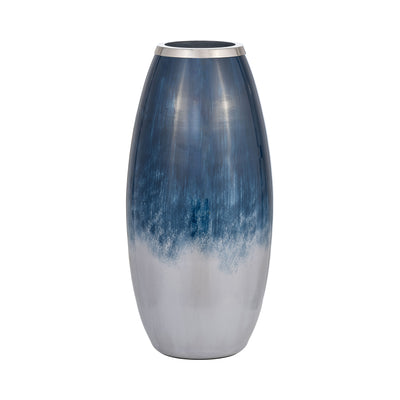 GLASS,18H VASE W/METAL RIM, BLUE/WHT OMBRE