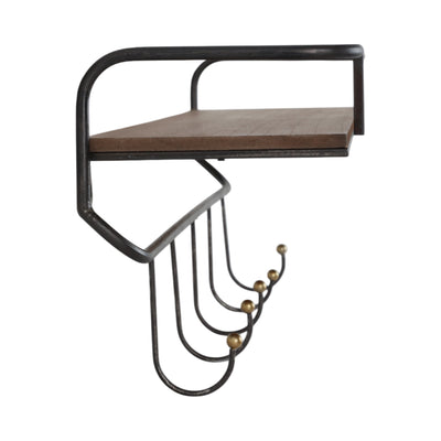 METAL/ WOOD, 24.25 5 HOOK WALL SHELF/ BROWN