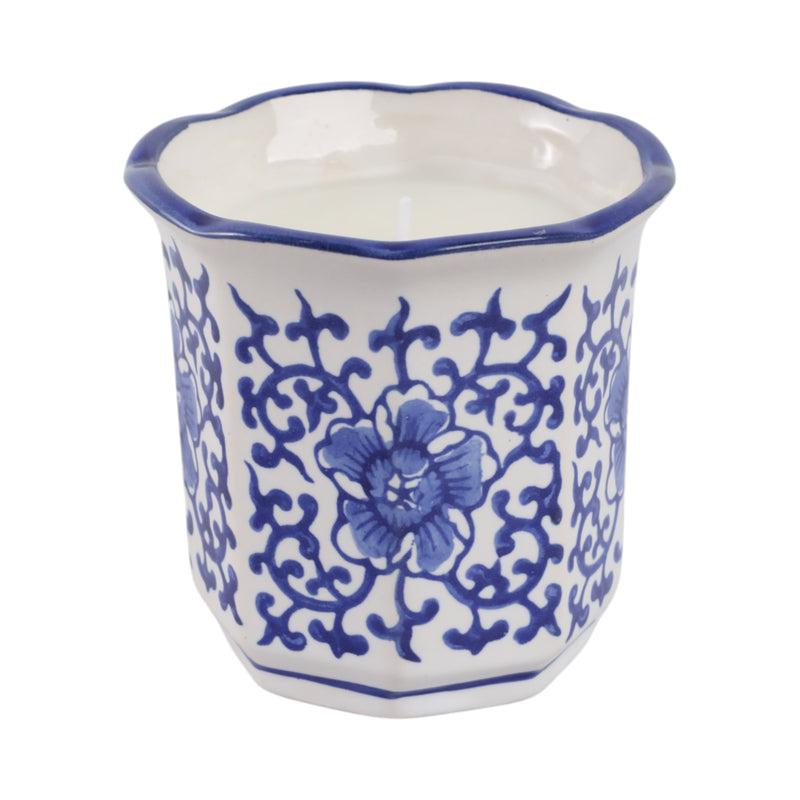 4, 6oz Fluted Chinoiserie Candle , Blue/white