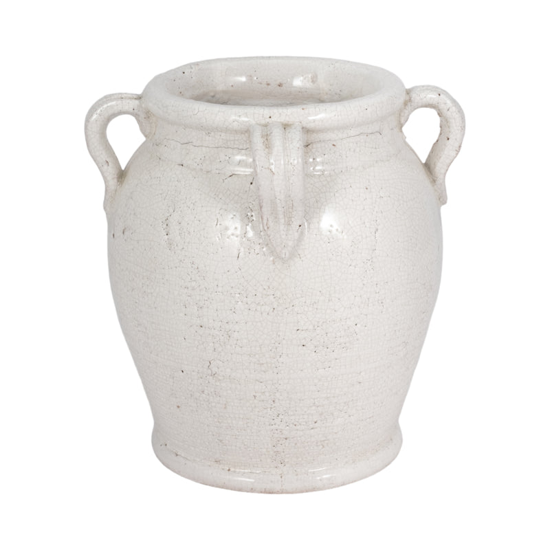 9 Terracotta Vase With Handles, White Crackle