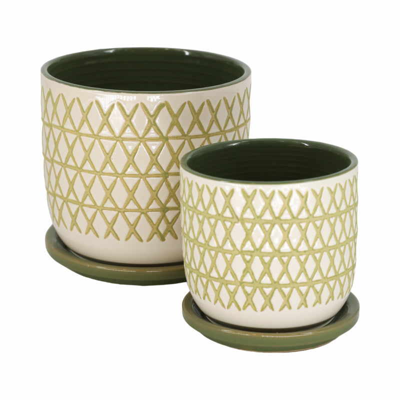 CER,  S/2  5/6 X-PLANTER W/ SAUCER,  OLIVE