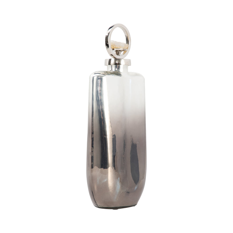 GLASS, 16 METALLIC BOTTLE W/ STONE TOP, SILVER