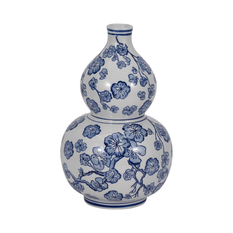 13 CHERRY BLOSSOM CHINOISERIE GOURD VASE, BLUE/WH