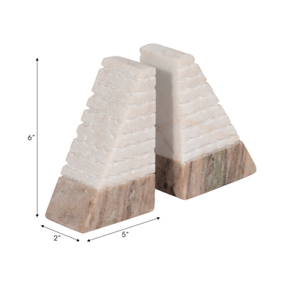 S/2 Marble 6h Pyramid Bookends, White/onyx