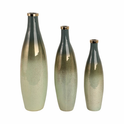 S/3 16/18/21 Windard Glass Bottles, Green