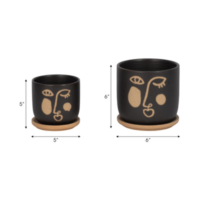 S/2 5/6 FUNKY FACE PLANTER W/ SAUCER, BLACK