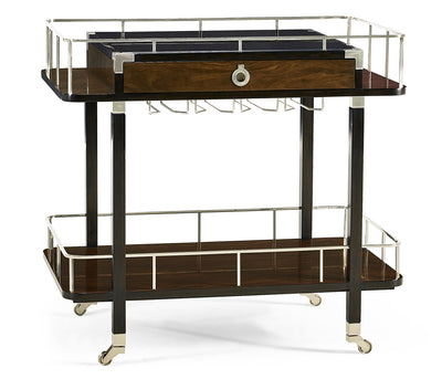 JC Modern - Campaign Collection - Rectangular Campaign Style Dark Santos Rosewood Rolling Bar Cart with Drawer