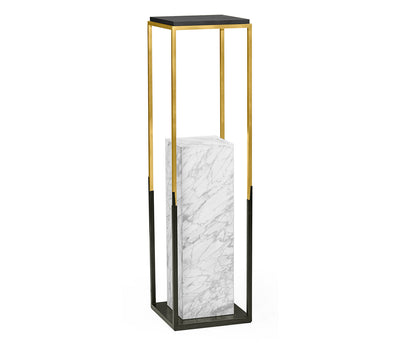 JC Modern - Fusion Collection - Contemporary Square Ebonised Oak & Brass Pedestal with White Calcutta Marble Centre