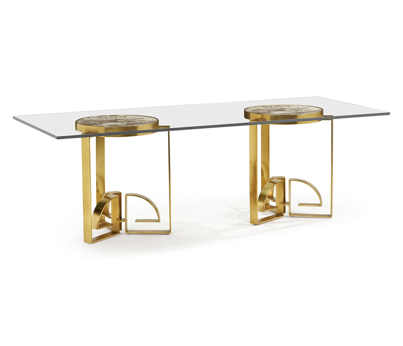 JC Modern - Fusion Collection - 87 Fusion Rectangular Chinoiserie Antique Etched Brass Dining Table with Clear Glass Top