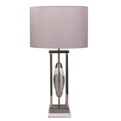 METAL TABLE LAMP W/ A CLEAR OVAL CENTER 28.5, GRA