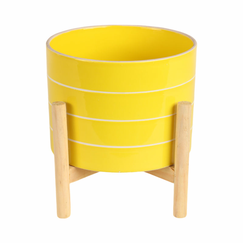 8 STRIPED PLANTER W/ WOOD STAND, YELLOW