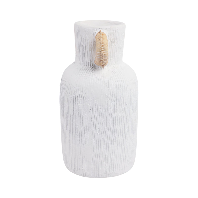 13 Textured Terracotta Vase W/rattan Handle, Wht