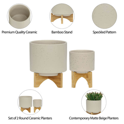 S/2 5/8 PLANTER W/ WOOD STAND, MATTE BEIGE