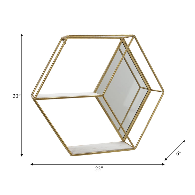 METAL/WOOD 20 HEXAGON MIRRORED WALL SHELF, GOLD